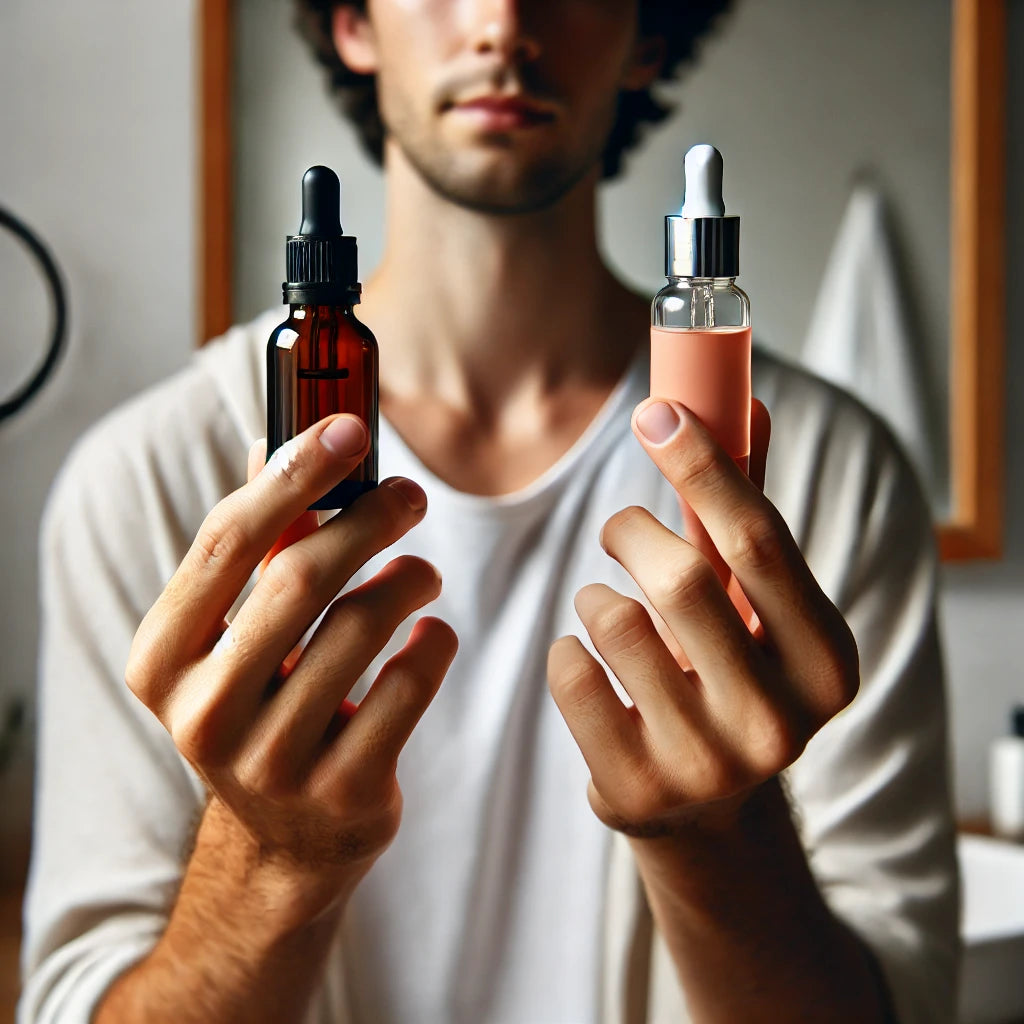 A person holding two different serums, showing variety and flexibility. Why Changing Your Skincare Routine is Essential for Healthy Skin. 