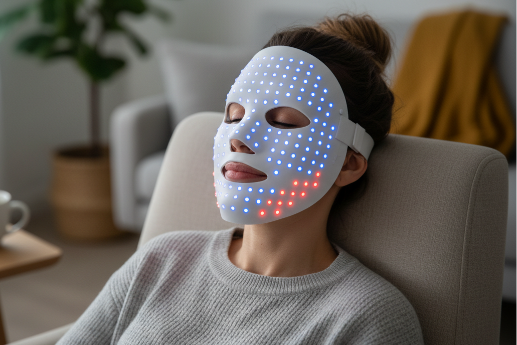 Woman holding an illuminated LED light therapy mask against her face, showing red light wavelengths for at-home skincare treatment.